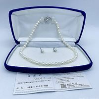 Full set displayed in blue velvet-lined box with accompanying certificate paperwork visible.