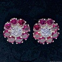 Front view of round garnet and tanzanite earrings showing the floral pattern with garnet petal stones and tanzanite center cluster against black background.