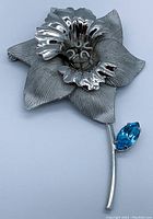 Front angle showing the detailed sterling silver flower and blue stone.