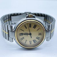 Front view of watch showing case, bezel and integrated bracelet.