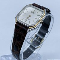 Photo showing Seiko watch at an angle highlighting the leather strap and watch face.