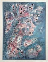 Close-up of the lithograph showing detailed abstract portrait with multicolor patterns and signature.