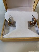 Pair of delicate two-tone gold hoop earrings displayed in a white leatherette holder inside a gold box, showing their rounded shape and latch closure.