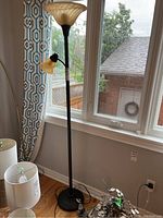 Full view of a black metal torchiere floor lamp standing near a window, showing height and basic form
