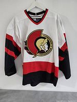 Front view of white Ottawa Senators hockey jersey with red, black stripes and large team logo.