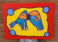 Full frontal image of the large original acrylic painting showing the colorful bird design on yellow background with red border and blue circles at corners.
