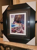 Photo of the professionally framed Emily Carr print titled "Gordon Drift" showing full artwork, matting, and black frame with protective corner covers.