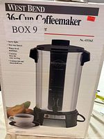 Photo of original box for West Bend 36-Cup Coffee Maker showing product image and key features.