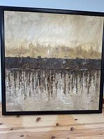 Frontal image of the 43 x 43 inch framed abstract acrylic painting with neutral tones and artist signature visible.