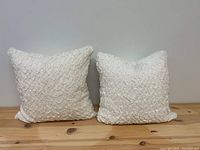 Two white/off-white decorative pillows with textured ruffled pattern front facing forward on wooden surface.