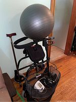 Photo showing Nexus rollator with two baskets containing blood pressure monitor and an adjustable cane with wooden handle, plus visible hand weights and partial exercise ball