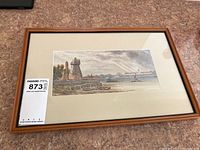 Overview of the framed watercolour painting showing the harbor scene with windmills and boats, set in a wooden frame and matting.
