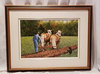 Full view of framed oil painting showing entire image, mat and frame