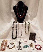 Photo of entire jewelry lot including necklaces on risers, bracelets, brooches, pendant and earrings