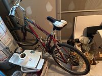 Full view of the maroon Giant Sedona bicycle with white and black saddle, visible wear, in basement setting.