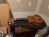 Ukulele on top of closed black padded gig bag, side view showing body, neck, and case