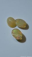 Three natural oval cabochon Ethiopian opals, pale translucent body with multicolored flashes (red, orange, green, blue) visible in various light angles.