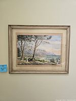 Full view of framed watercolor landscape hung on wall