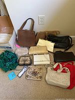 Full view of the assorted purses and handbags including brown handbag, black purse, gold clutch, white purse, red purse, and small floral tapestry purses.