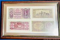 Framed wooden and glass piece containing four old Hungarian banknotes in green, purple, and reddish tones.