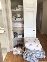 Closet with shelves of folded linens including towels, sheets, pillows and blankets; some linens stacked on floor including comforters and blankets, plus plastic container and bag with linens.