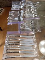 Overview photo of flatware laid out individually in clear zipper bags, showing the grouping and quantity of knives, forks, and spoons in the 1847 Rogers Brothers Centennial pattern.