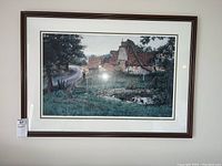 Full frontal view of framed farm duckpond print showing overall condition and framing
