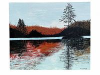 Full image of the landscape painting showing water reflecting autumn trees and a light blue sky.