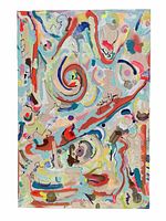 Full view of front of canvas showing abstract painting with multicolored swirls and signature.