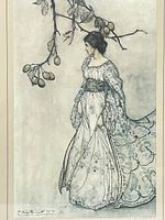 Close-up of the illustration depicting a woman in a detailed gown and a branch with fruits