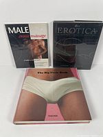 Front view of three erotic books: Male Erotic Massage, Art Erotica, and The Big Penis Book