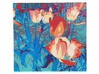 Front view of the colorful limited edition giclee print on canvas showing vibrant tulips in bright reds, blues, and oranges with detailed shapes and composition.