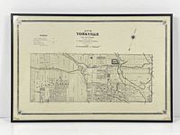 Full view of the framed map showing black frame and map with labeled streets and areas of Yorkville and vicinity.