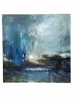Front view of the square oil painting on board showing abstract landscape.