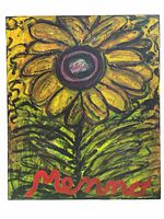 Front view of the painting showing a large yellow and green flower with red signature on the bottom front.