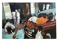 Front view of the painting showing composition of figures and vehicle