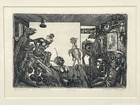 Close-up of entire etching artwork showing detailed mechanical and humanoid figures in black and white.