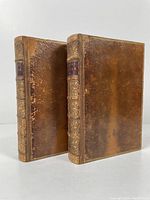 Two volumes of The Works of Beaumont and Fletcher, full leather bound, standing upright showing front covers.