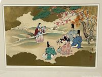 Close up of the artwork showing traditional Japanese figures in colorful clothing with a gold-toned nature background.