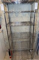 Full view of the metal wire shelving unit showing five tiers and metallic wire frame.