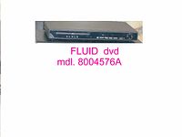 Front view of the black FLUID DVD player model 8004576A showing power button, disc tray, and brand name on front panel.