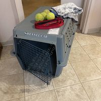 Gray Kennel Cab pet crate with open front door, showing side ventilation holes and top surface.