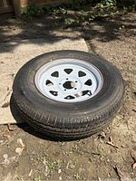 Full view of the tire and rim sitting on ground outside, showcasing the tire tread and wheel rim with painted stripes.