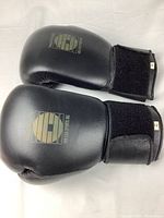 Pair of black combat boxing gloves size 12 on white background. Both gloves show front and back views highlighting wrist straps and logo.