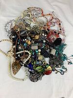 Overview of assorted costume jewelry necklaces with diverse styles and materials