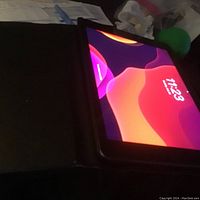 Apple iPad showing powered-on screen with typical home screen colors inside a black case.