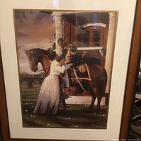 Full view of the framed artwork showing a man on horseback and a woman in a white dress at a building with columns.