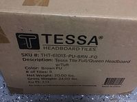 Box label showing Tessa brand, SKU, product details indicating Tessa Tile Full/Queen Headboard, brown PU color, 8 tiles, weight 20-24 lbs.