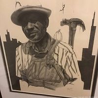 Black and white lithograph portrait of an elderly man in overalls and hat, signed by artist Nathan Jones.