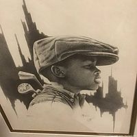 Close-up of lithograph showing detailed profile of boy with flat cap, artist signature and numbering